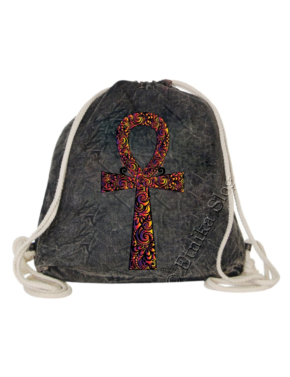 ZAINO SACCO IN COTONE STONE WASHED CON STAMPA ANKH ZAINO SACCO IN COTONE STONE WASHED CON STAMPA ANKH