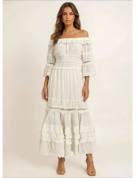 VESTITO LUNGO IN COTONE BIANCO,&nbsp;CON MANICA CORTA A