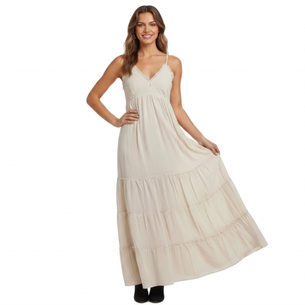 VESTITO LUNGO IN COTONE BEIGE,&nbsp;CON MANICA CO