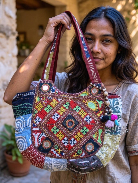 BORSE DA SPALLA BORSA DA SPALLA ROTONDA IN COTONE PACTHWORK E SARI - com Etnika Slog d.o.o.