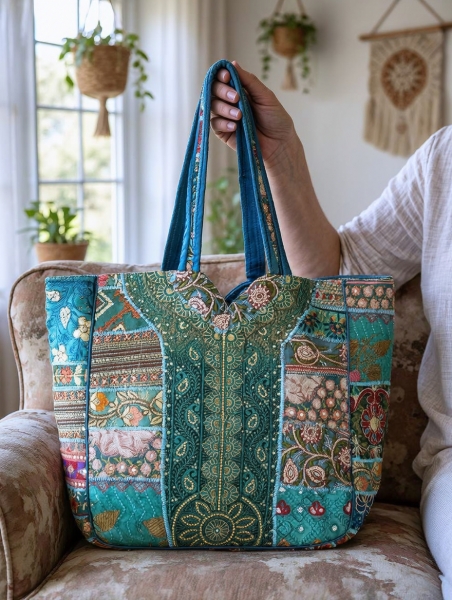 BORSE DA SPALLA BORSA DA SPALLA IN COTONE PATCHWORK SARI, FODERATA - Etnika Slog d.o.o.
