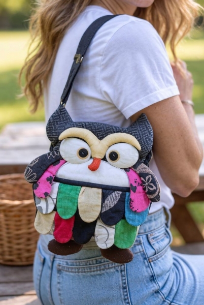BORSE GUFI E ANIMALI BORSA IN COTONE A TRACOLLA A FORMA DI GUFO PIATTO. - com Etnika Slog d.o.o.
