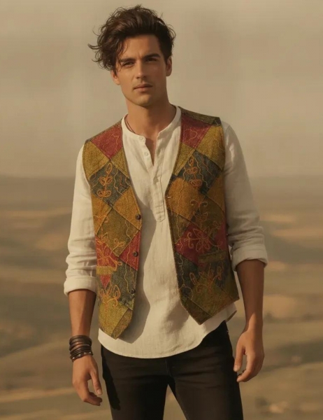 GILET IN COTONE PATCHWORK RICAMATO CON EFFETTO STO
