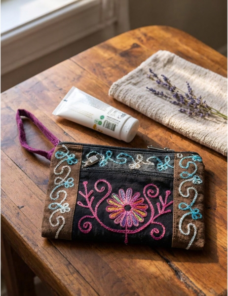 WALLETS IN COTTON HANDBAG/CASE MADE OF SIMIL CHAMOIS, WITH EMBROIDER - Etnika Slog d.o.o.